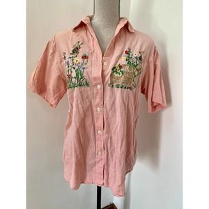 Vintage Floral Embroidered Pink Button Up Short Sleeve Top